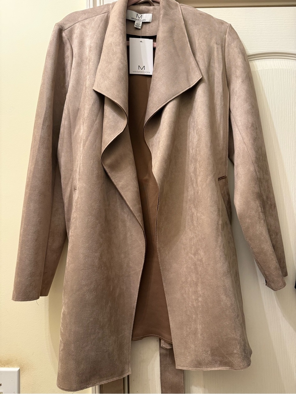 Magaschoni Taupe Suede Draped Trench Coat